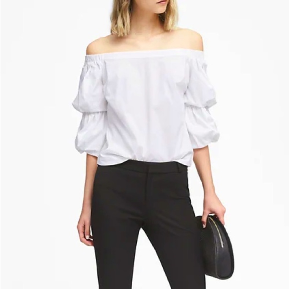 Banana Republic Off-Shoulder White Poplin Blouse super stretch shirt💥NEW
